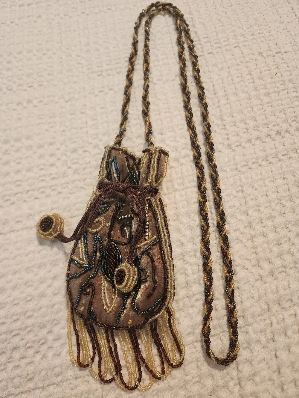 Bronze/Gold/Brown Seed Beaded Embellished Drawstring Bag Necklace/Shoulder Bag